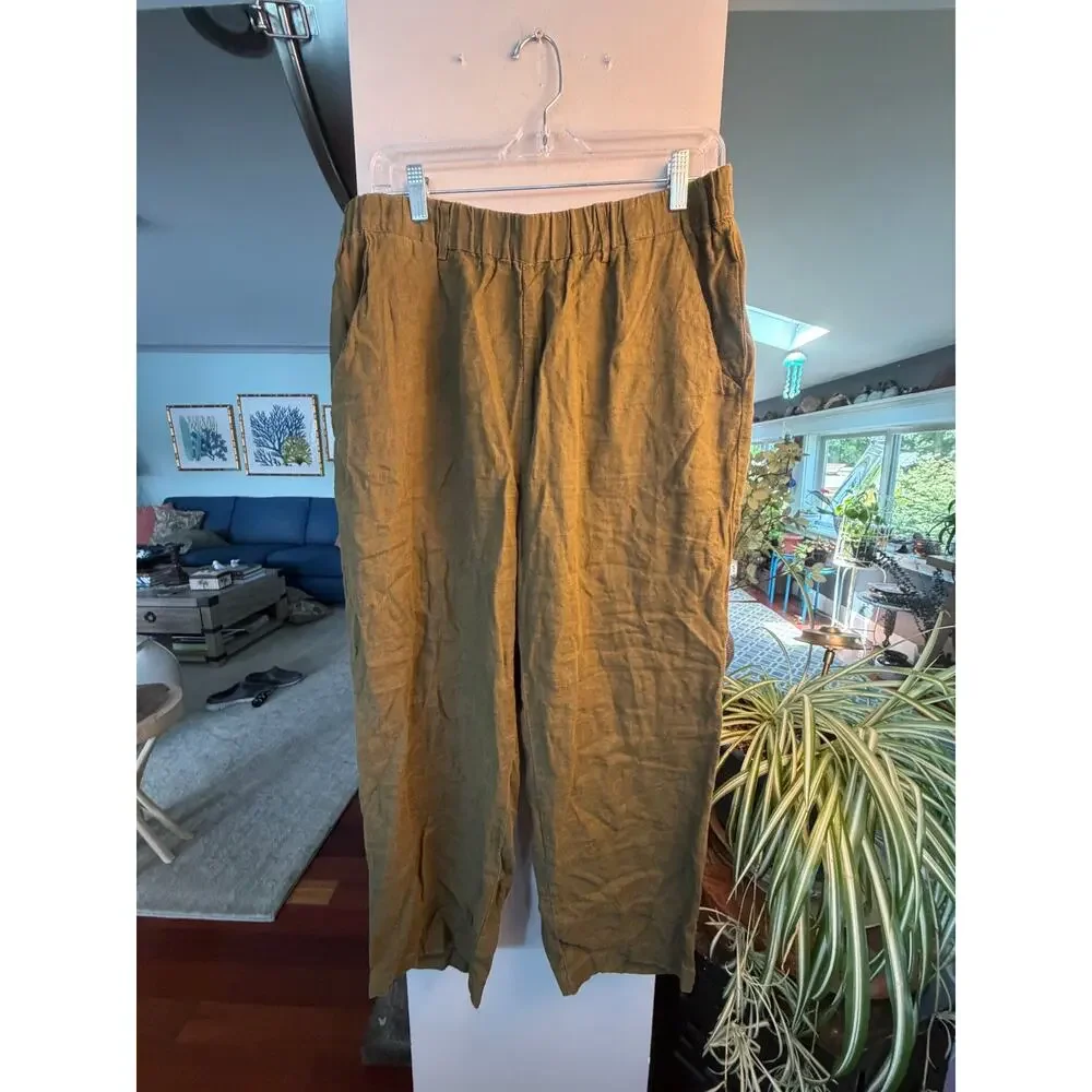Quince 100% European Linen Pants Olive Green L Pull On Wide Leg Pockets